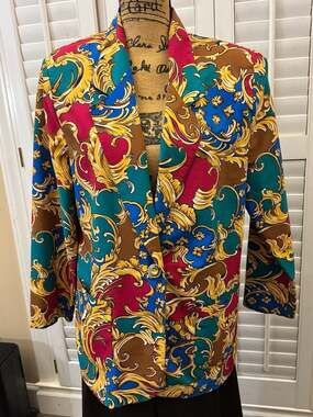 Vintage Baroque Print Blazer, Multicolor Maximalist Ornate Jacket, Size L